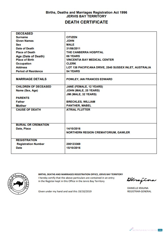 Download Australia Jervis Bay Territory death certificate template in Word format Photoshop template